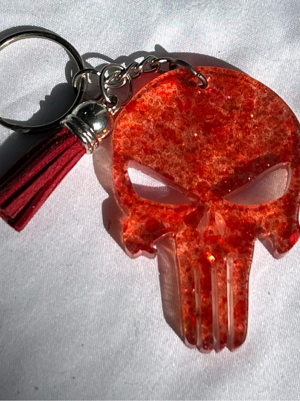 Large Red Sparkle Resin Punisher Skull Keychain Handmade Glitter Key Ring